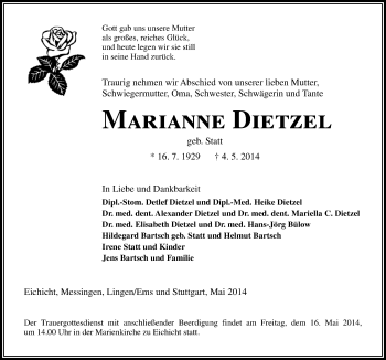 Traueranzeige von Marianne Dietzel von Neue Osnabrücker Zeitung GmbH & Co. KG