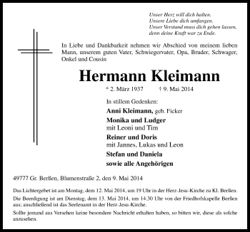 Traueranzeige von Hermann Kleimann von Neue Osnabrücker Zeitung GmbH & Co. KG