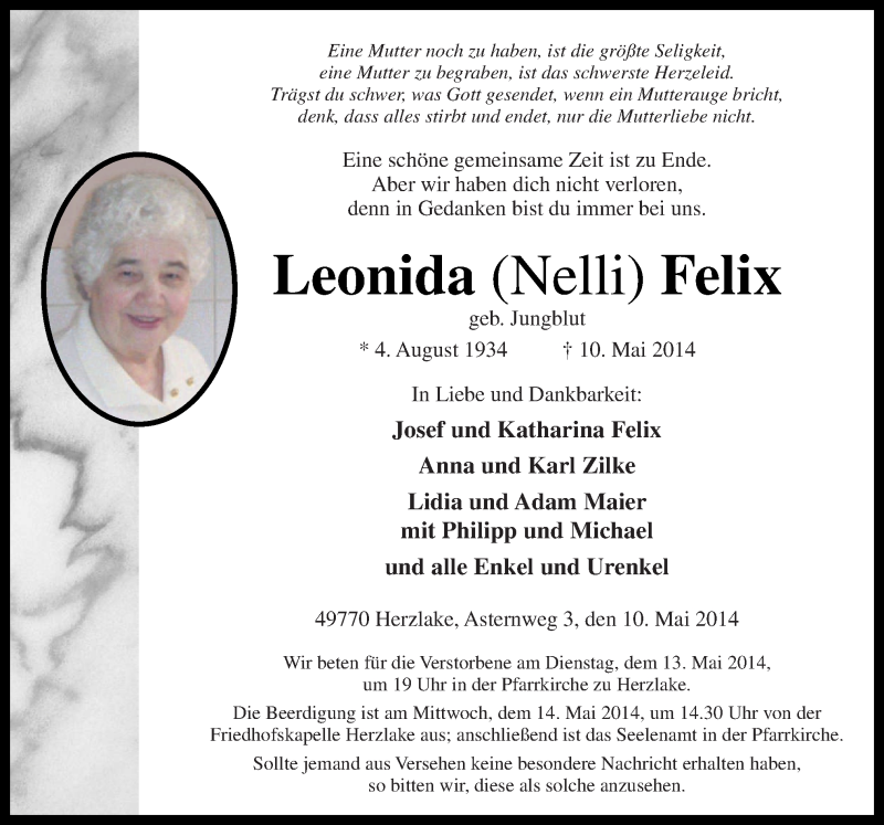  Traueranzeige für Leonida Felix vom 12.05.2014 aus Neue Osnabrücker Zeitung GmbH & Co. KG