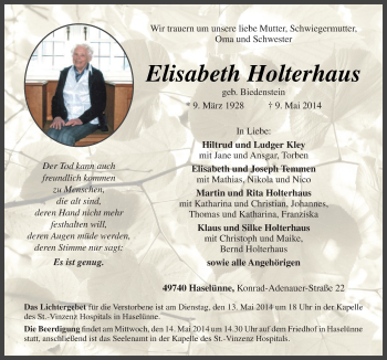 Traueranzeige von Elisabeth Holterhaus von Neue Osnabrücker Zeitung GmbH & Co. KG