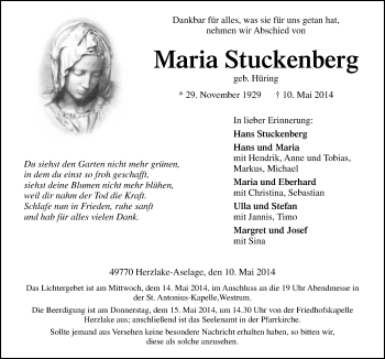 Traueranzeige von Maria Stuckenberg von Neue Osnabrücker Zeitung GmbH & Co. KG