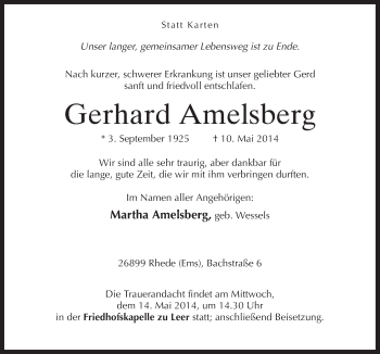 Traueranzeige von Gerhardt Amelsberg von Neue Osnabrücker Zeitung GmbH & Co. KG