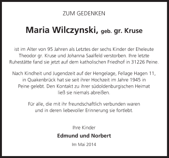 Traueranzeige von Maria Wilczynski von Neue Osnabrücker Zeitung GmbH & Co. KG