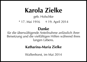 Traueranzeige von Karola Zielke von Neue Osnabrücker Zeitung GmbH & Co. KG