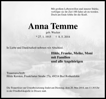 Traueranzeige von Anna Temme von Neue Osnabrücker Zeitung GmbH & Co. KG