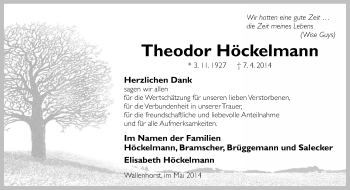 Traueranzeige von Theodor Höckelmann von Neue Osnabrücker Zeitung GmbH & Co. KG