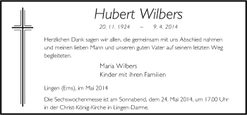 Traueranzeige von Hubert Wilbers von Neue Osnabrücker Zeitung GmbH & Co. KG