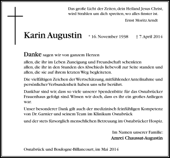 Traueranzeige von Karin Augustin von Neue Osnabrücker Zeitung GmbH & Co. KG