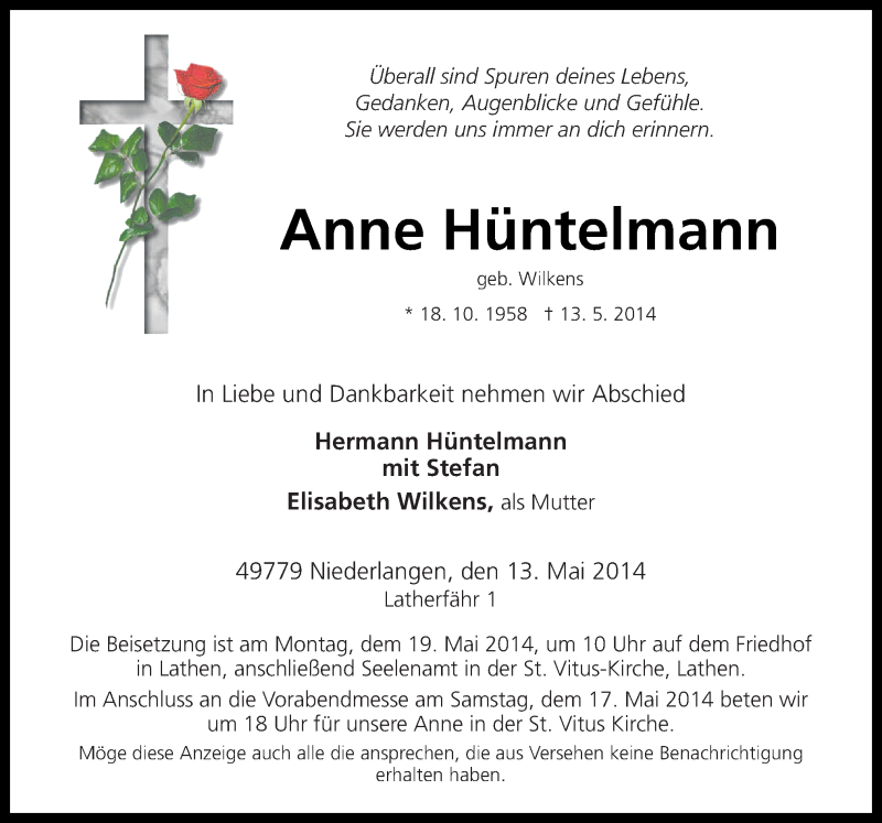  Traueranzeige für Anne Hüntelmann vom 16.05.2014 aus Neue Osnabrücker Zeitung GmbH & Co. KG