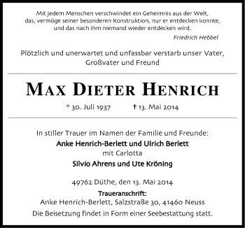 Traueranzeige von Max Dieter Heinrich von Neue Osnabrücker Zeitung GmbH & Co. KG