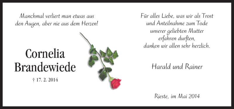 Traueranzeige für Cornelia Brandewiede vom 24.05.2014 aus Neue Osnabrücker Zeitung GmbH & Co. KG