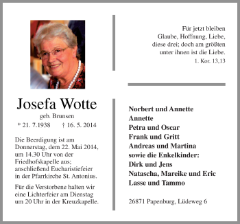Traueranzeige von Josefa Wotte von Neue Osnabrücker Zeitung GmbH & Co. KG