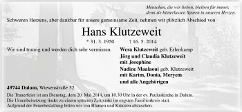 Traueranzeige von Hans Klutzeweit von Neue Osnabrücker Zeitung GmbH & Co. KG