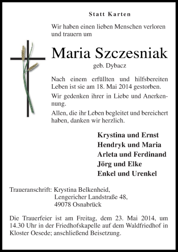 Traueranzeige von Maria Szczesniak von Neue Osnabrücker Zeitung GmbH & Co. KG