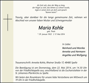 Traueranzeige von Maria Kohle von Neue Osnabrücker Zeitung GmbH & Co. KG