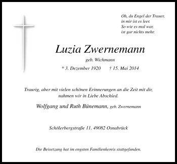 Traueranzeige von Luzia Zwernemann von Neue Osnabrücker Zeitung GmbH & Co. KG