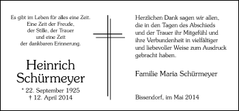Traueranzeige von Heinrich Schürmeyer von Neue Osnabrücker Zeitung GmbH & Co. KG