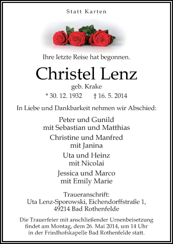 Traueranzeige von Christel Lenz von Neue Osnabrücker Zeitung GmbH & Co. KG