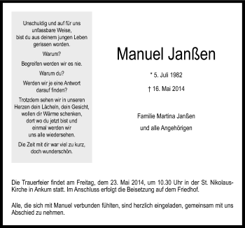Traueranzeige von Manuel Janßen von Neue Osnabrücker Zeitung GmbH & Co. KG