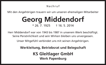 Traueranzeige von Georg Middendorf von Neue Osnabrücker Zeitung GmbH & Co. KG