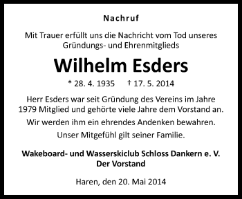 Traueranzeige von Wihelm Esders von Neue Osnabrücker Zeitung GmbH & Co. KG