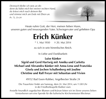 Traueranzeige von Erich Künker von Neue Osnabrücker Zeitung GmbH & Co. KG