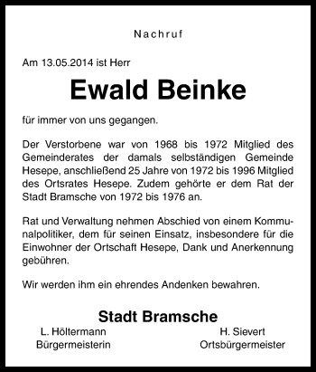 Traueranzeige von Ewald Beinke von Neue Osnabrücker Zeitung GmbH & Co. KG