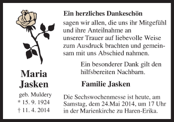 Traueranzeige von Maria Jasken von Neue Osnabrücker Zeitung GmbH & Co. KG