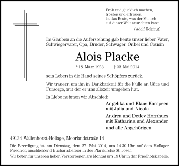 Traueranzeige von Alois Placke von Neue Osnabrücker Zeitung GmbH & Co. KG