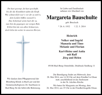 Traueranzeige von Margareta Bauschulte von Neue Osnabrücker Zeitung GmbH & Co. KG