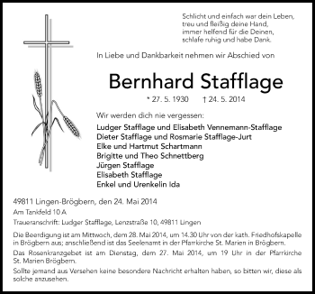 Traueranzeige von Bernhard Stafflage von Neue Osnabrücker Zeitung GmbH & Co. KG