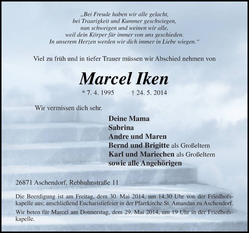  Traueranzeige für Marcel Iken vom 27.05.2014 aus Neue Osnabrücker Zeitung GmbH & Co. KG