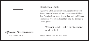 Traueranzeige von Elfriede Pentermann von Neue Osnabrücker Zeitung GmbH & Co. KG