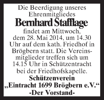 Traueranzeige von Bernhard Stafflage von Neue Osnabrücker Zeitung GmbH & Co. KG