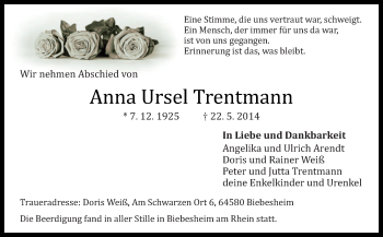 Traueranzeige von Anna Ursel Trentmann von Neue Osnabrücker Zeitung GmbH & Co. KG