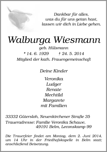 Traueranzeige von Walburga Wiesmann von Neue Osnabrücker Zeitung GmbH & Co. KG
