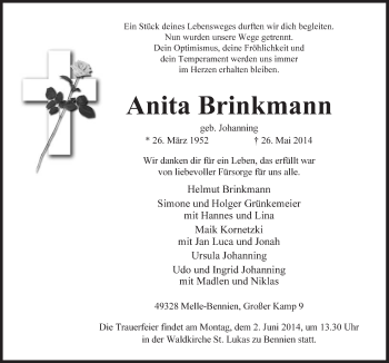 Traueranzeige von Anita Brinkmann von Neue Osnabrücker Zeitung GmbH & Co. KG