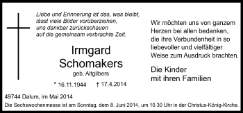 Traueranzeige von Irmgard Schomakers von Neue Osnabrücker Zeitung GmbH & Co. KG