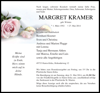 Traueranzeige von Margret Kramer von Neue Osnabrücker Zeitung GmbH & Co. KG