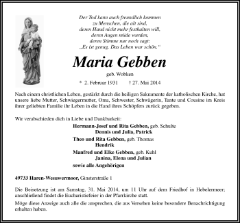 Traueranzeige von Maria Gebben von Neue Osnabrücker Zeitung GmbH & Co. KG