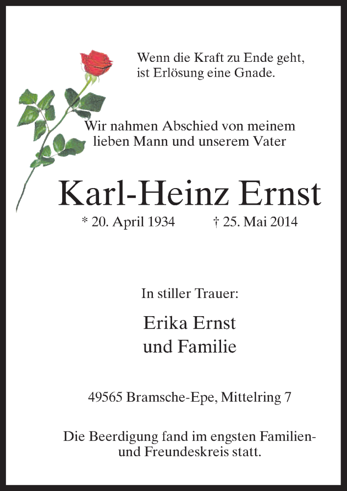  Traueranzeige für Karl-Heinz Ernst vom 31.05.2014 aus Neue Osnabrücker Zeitung GmbH & Co. KG
