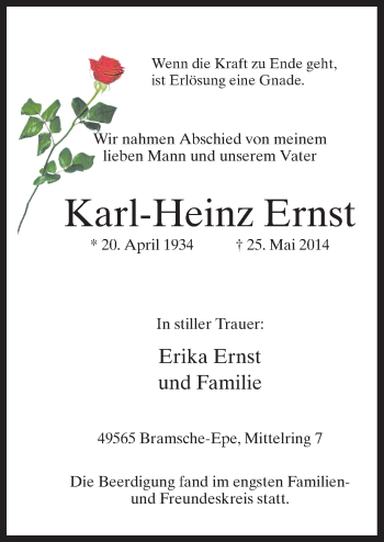 Traueranzeige von Karl-Heinz Ernst von Neue Osnabrücker Zeitung GmbH & Co. KG