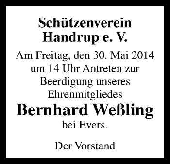 Traueranzeige von Bernhard Weßling von Neue Osnabrücker Zeitung GmbH & Co. KG