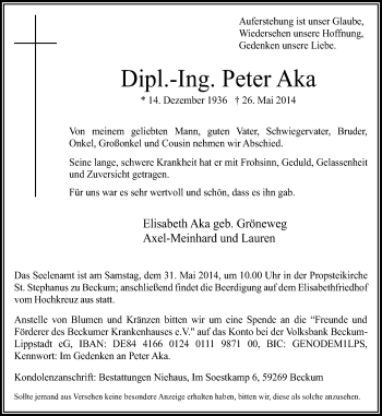 Traueranzeige von Peter Aka von Neue Osnabrücker Zeitung GmbH & Co. KG