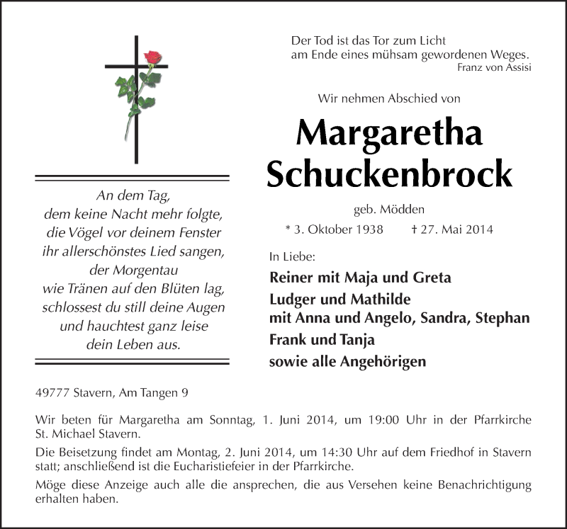  Traueranzeige für Margaretha Schuckenbrock vom 30.05.2014 aus Neue Osnabrücker Zeitung GmbH & Co. KG
