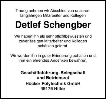 Traueranzeige von Detlef Schengber von Neue Osnabrücker Zeitung GmbH & Co. KG