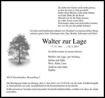 Traueranzeige von Walter zur Lage von Neue Osnabrücker Zeitung GmbH & Co. KG