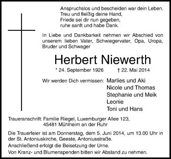 Traueranzeige von Herbert Niewerth von Neue Osnabrücker Zeitung GmbH & Co. KG