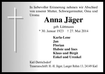 Traueranzeige von Anna Jäger von Neue Osnabrücker Zeitung GmbH & Co. KG