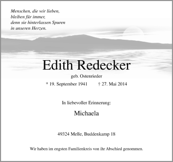 Traueranzeige von Edith Redecker von Neue Osnabrücker Zeitung GmbH & Co. KG